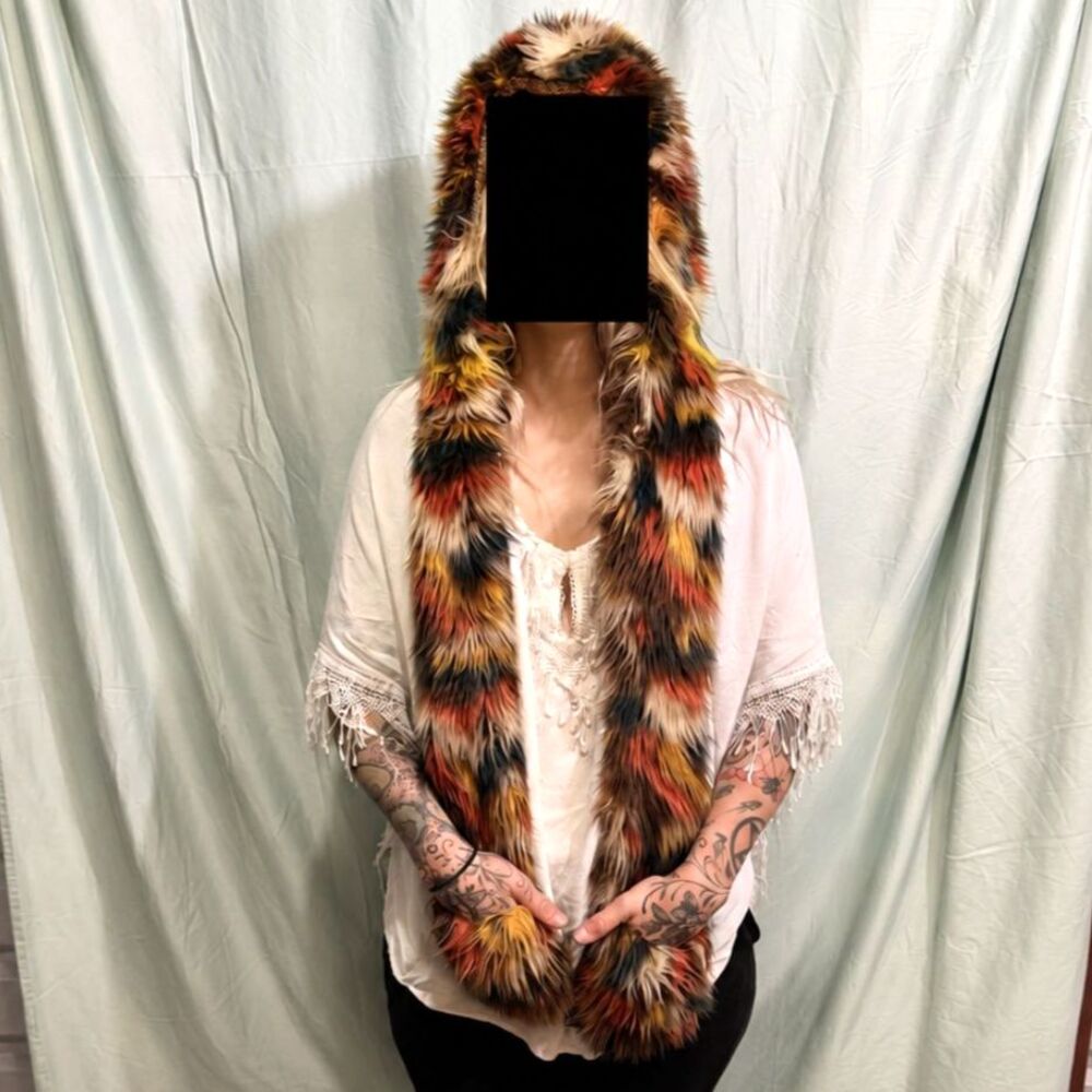 Vintage 2011 SpiritHoods Multicolor Faux Fur Hood Scarf Mittens Made in LA